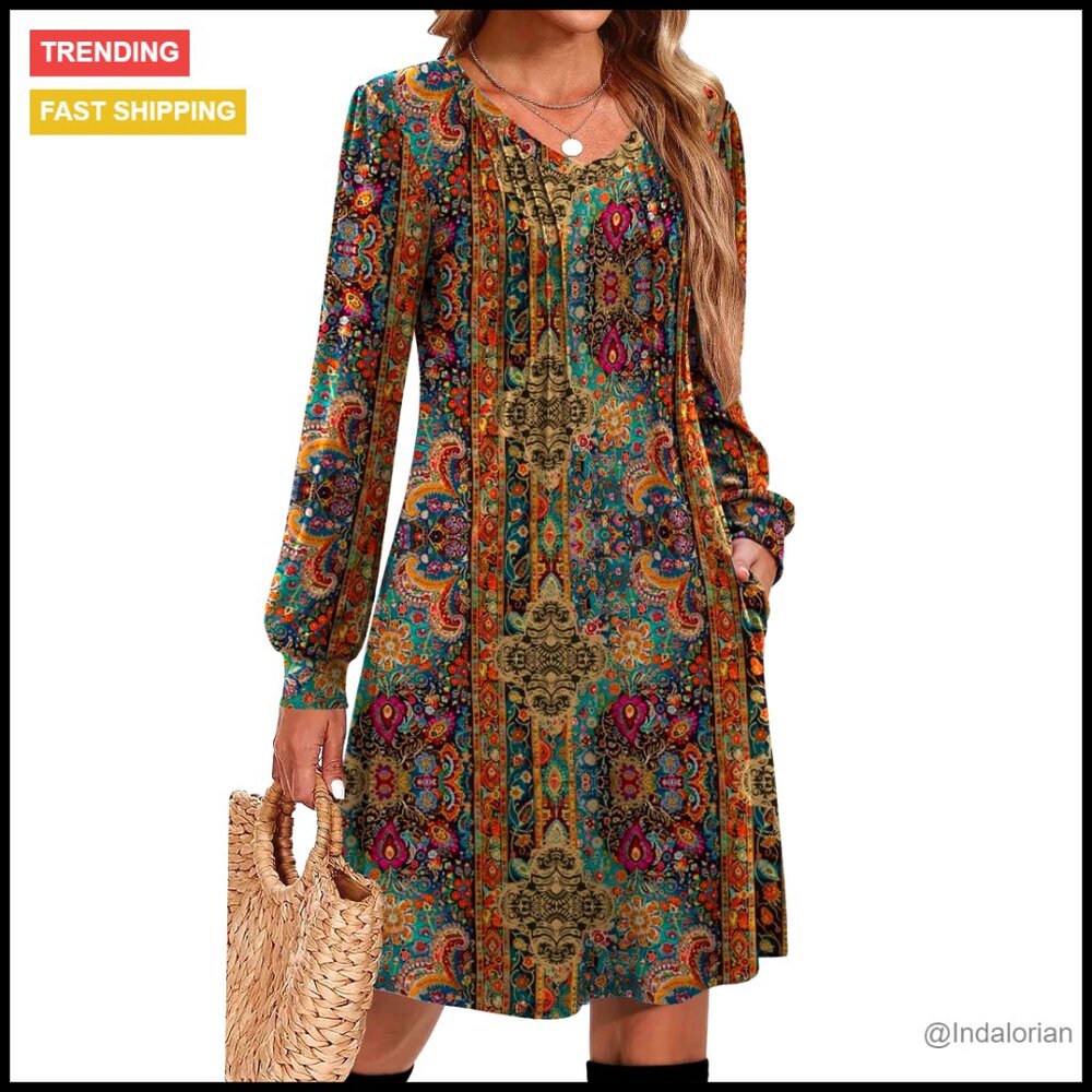 Long Sleeve Pleated V Neck A Line Tunic Dress Casual Elegant Fall Winter